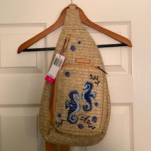 NEW WITH TAGS Vera Bradley Natural Sea Life Straw Sling Backpack Blue Seahorses